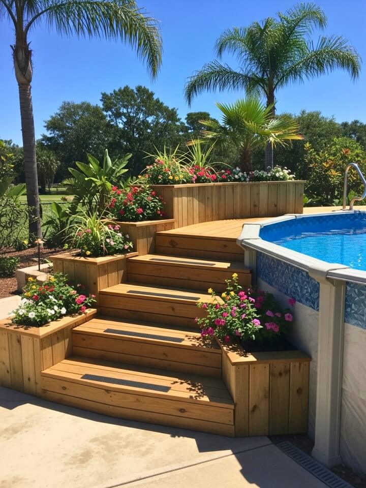 curved wooden steps with built in planter boxes