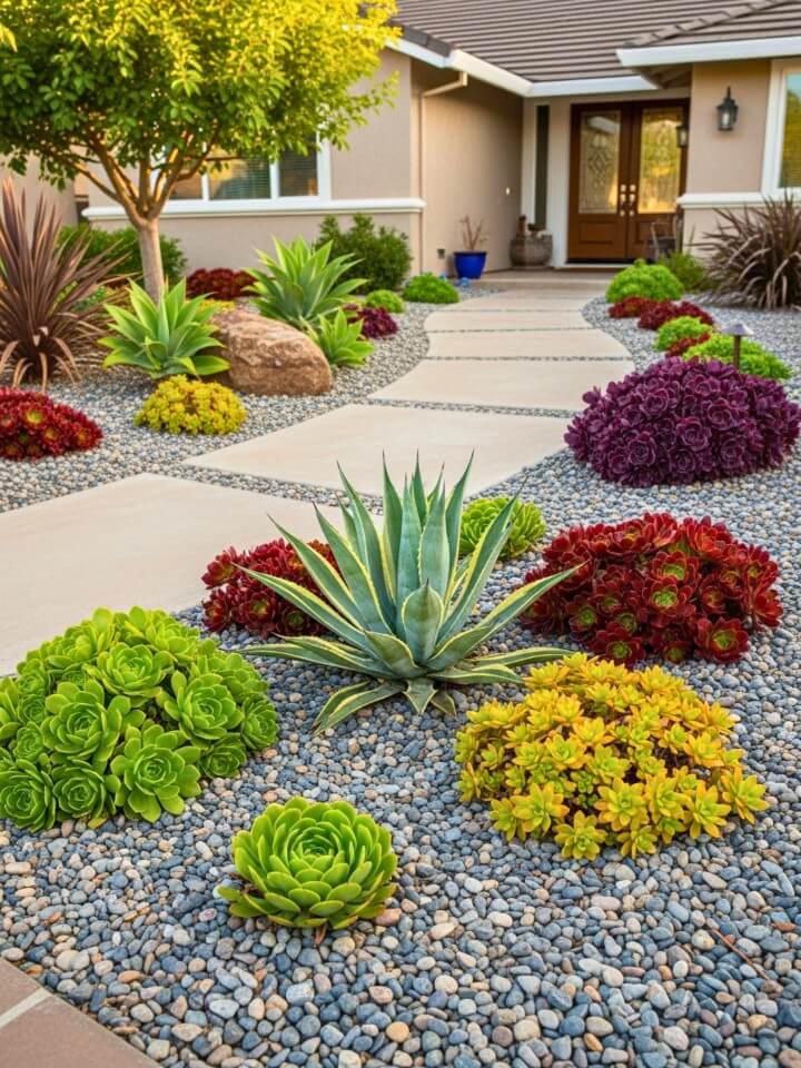 decomposed granite walkway in a front yard low maintenance succulent garden