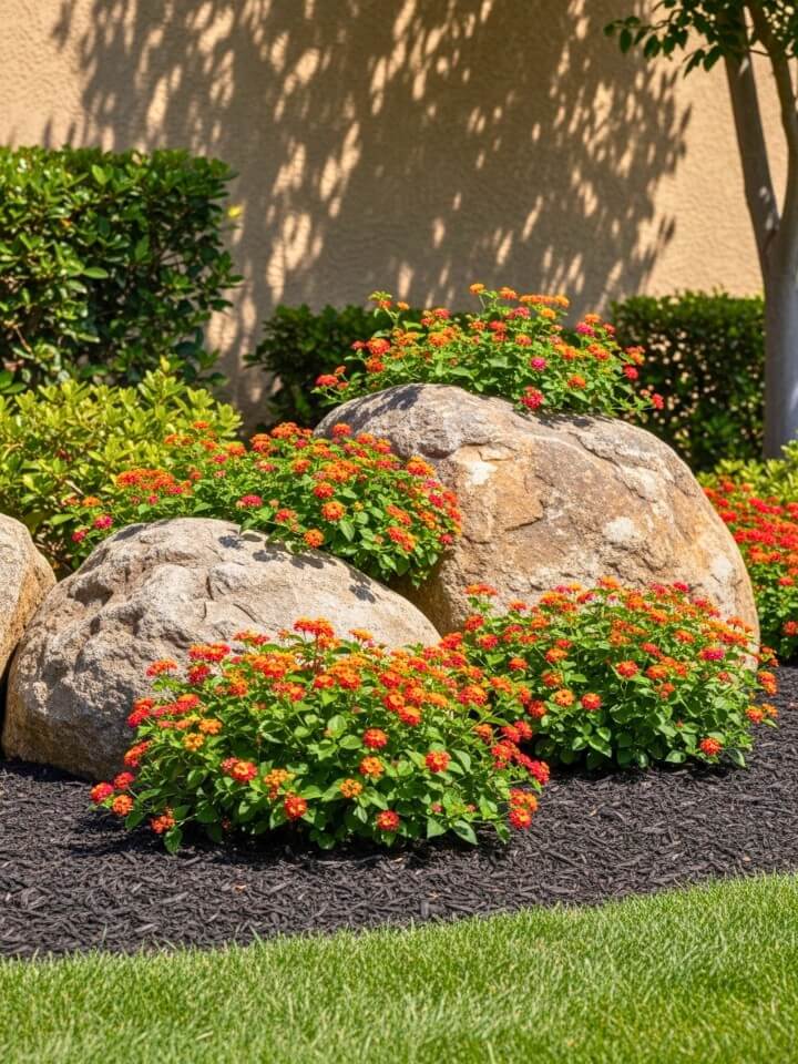 decorative boulder landscaping with soft blooms