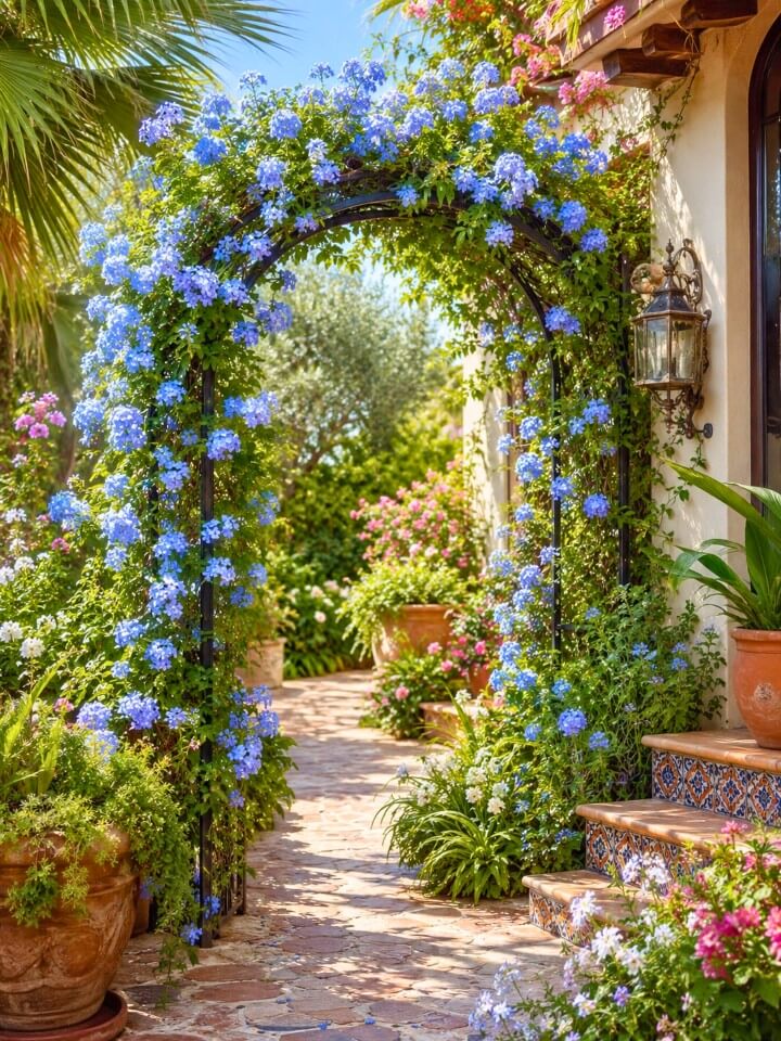decorative plumbago arch and garden trellis