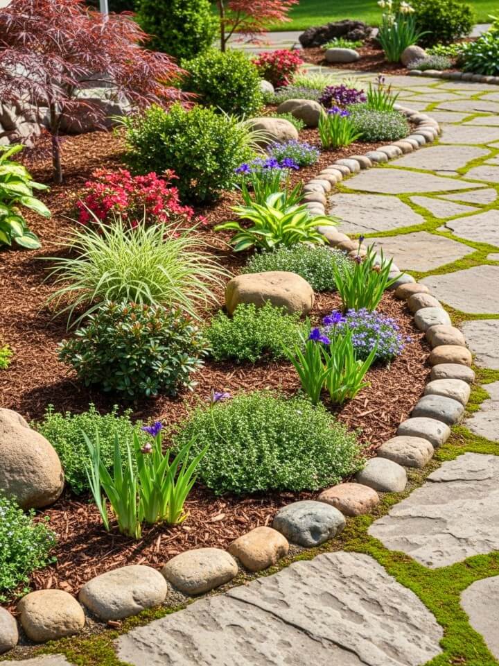 decorative stones around plants for sidewalk accents