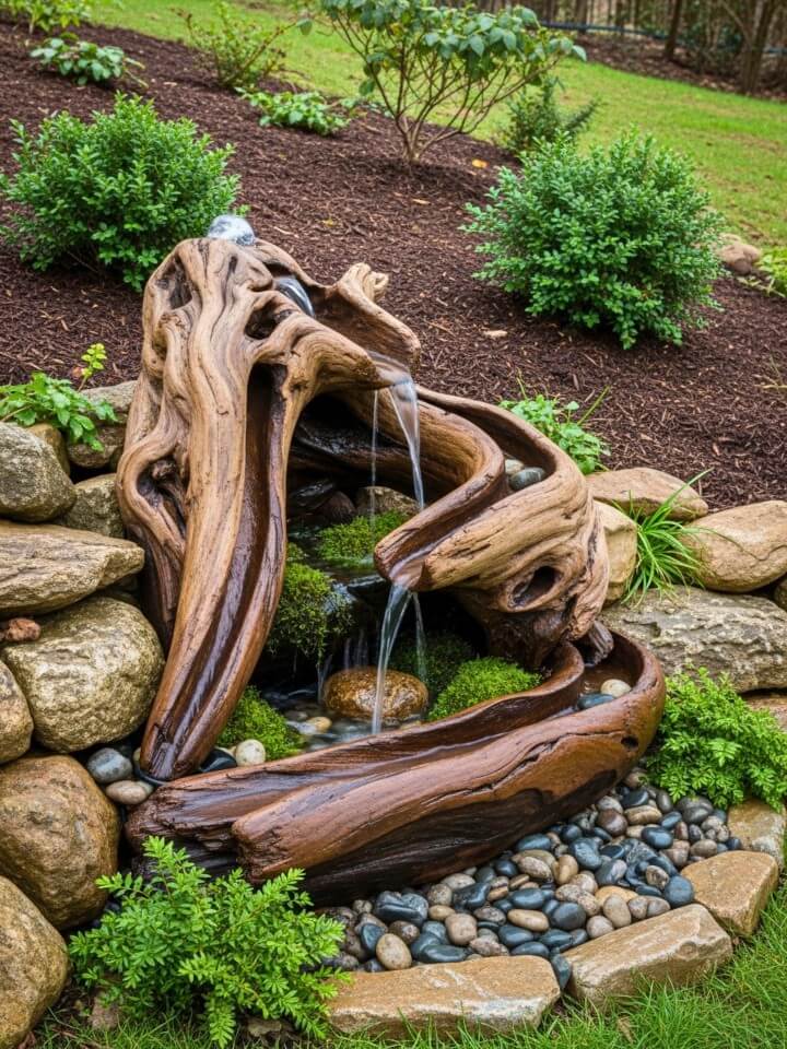 driftwood waterfall fountain for outdoor space