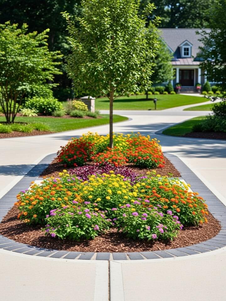 driveway island borders with long blooming plants