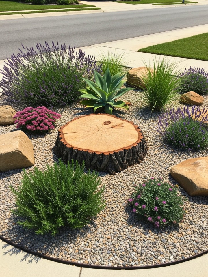 drought tolerant xeriscape tree stump