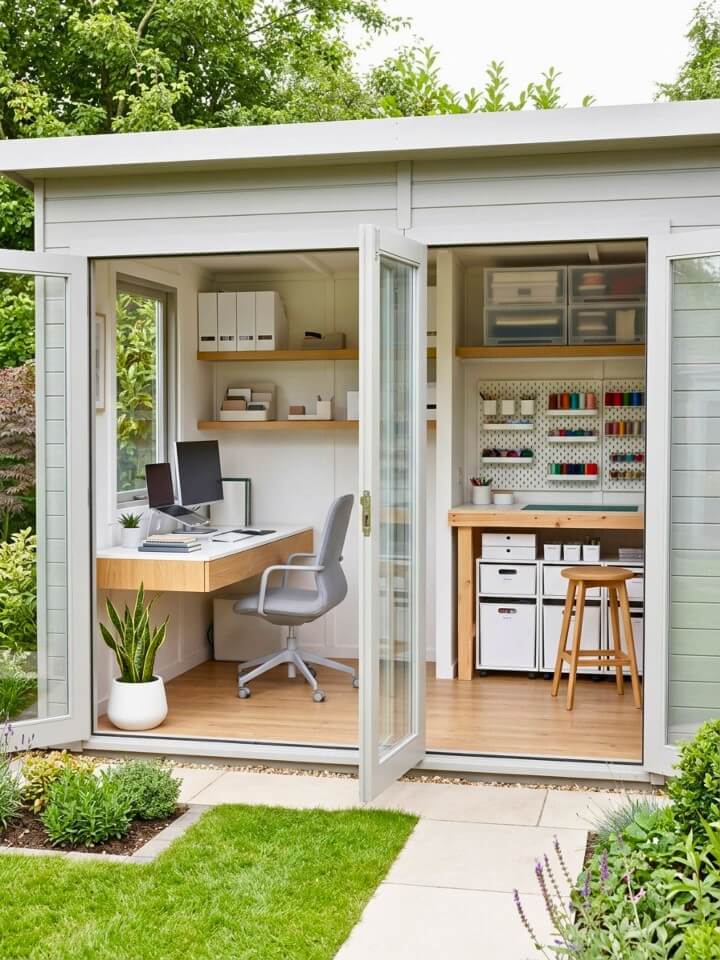 dual purpose shed for hobby and office