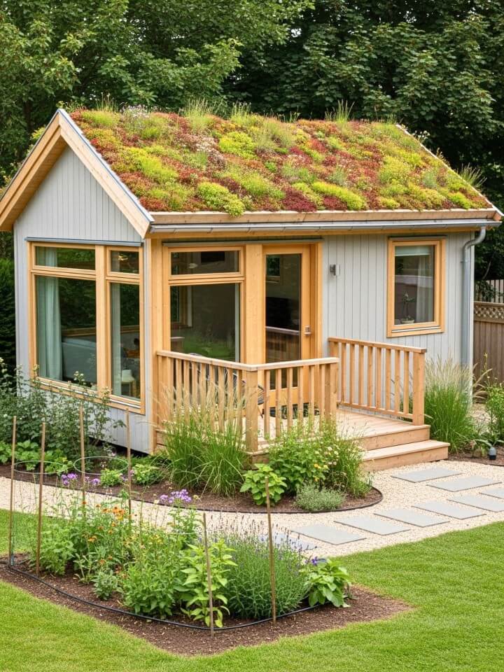 eco friendly tiny house with a green roof