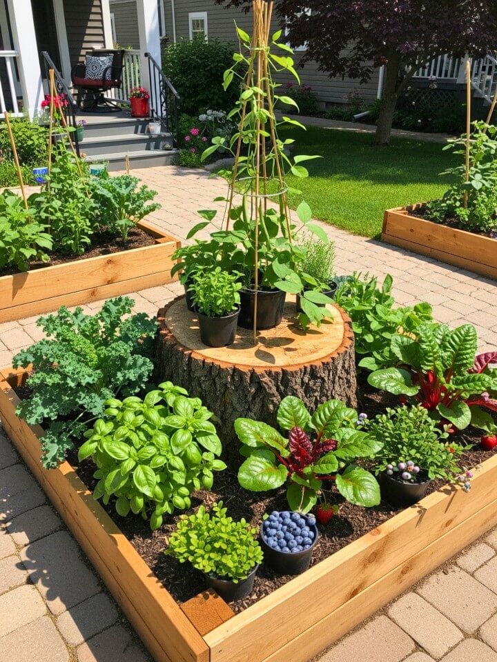 edible garden tree stump feature for front yards