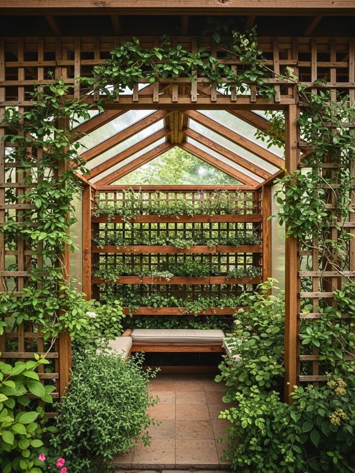 enclosed garden room under deck with climbing plants