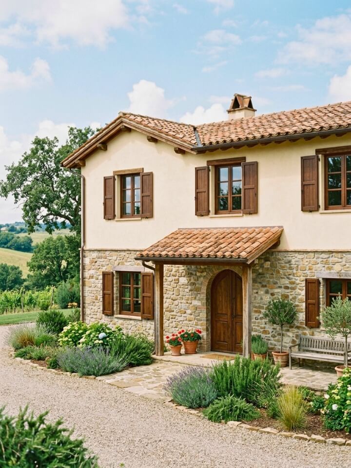 european farmhouse stone and stucco façade