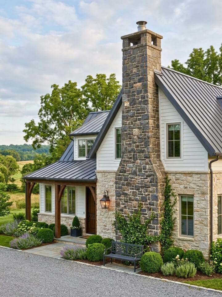 european farmhouse stone chimney feature
