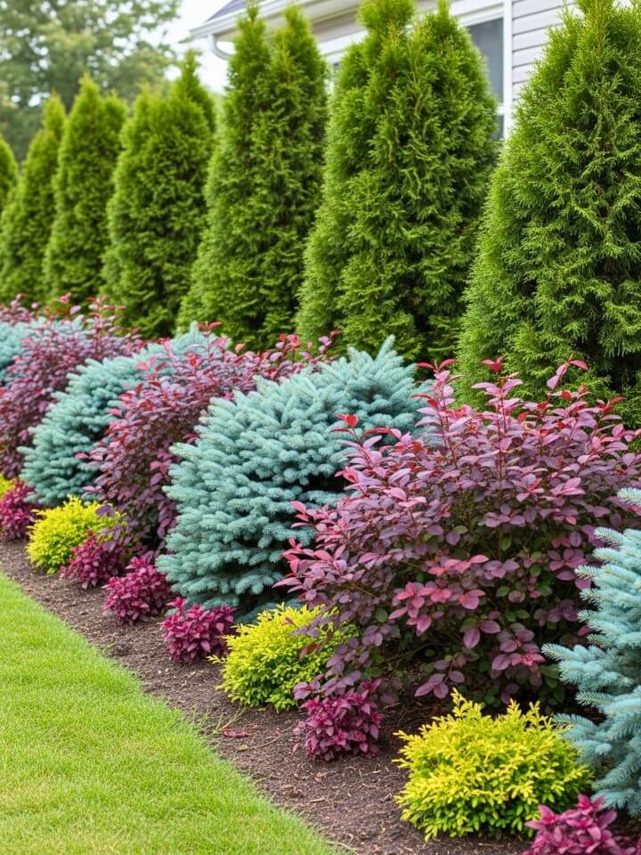 evergreen shrub planting with loropetalum