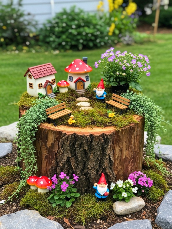 fairy and gnome garden front yard tree stump
