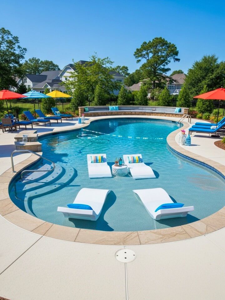 family friendly kidney shaped pool with a shallow lounge shelf