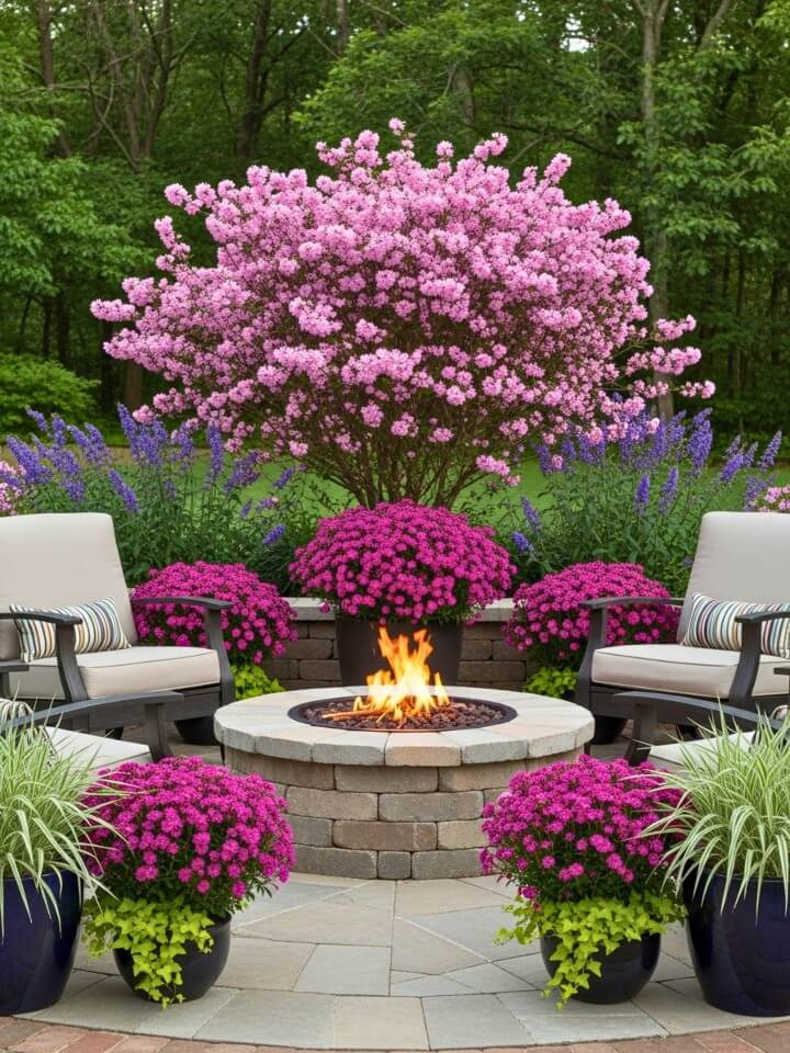 fire pit landscaping with loropetalum