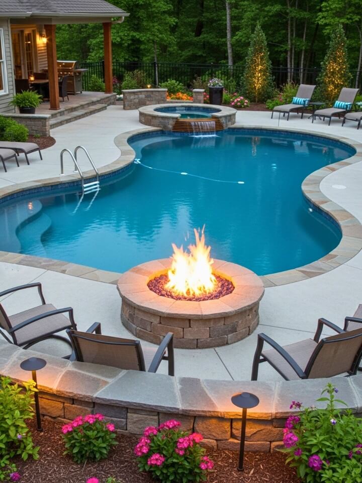 fire pit lounge beside the pool