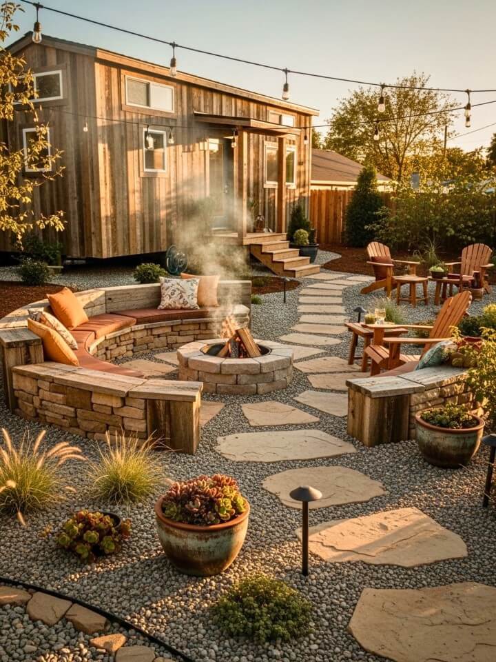 fire pit seating area beside a backyard home