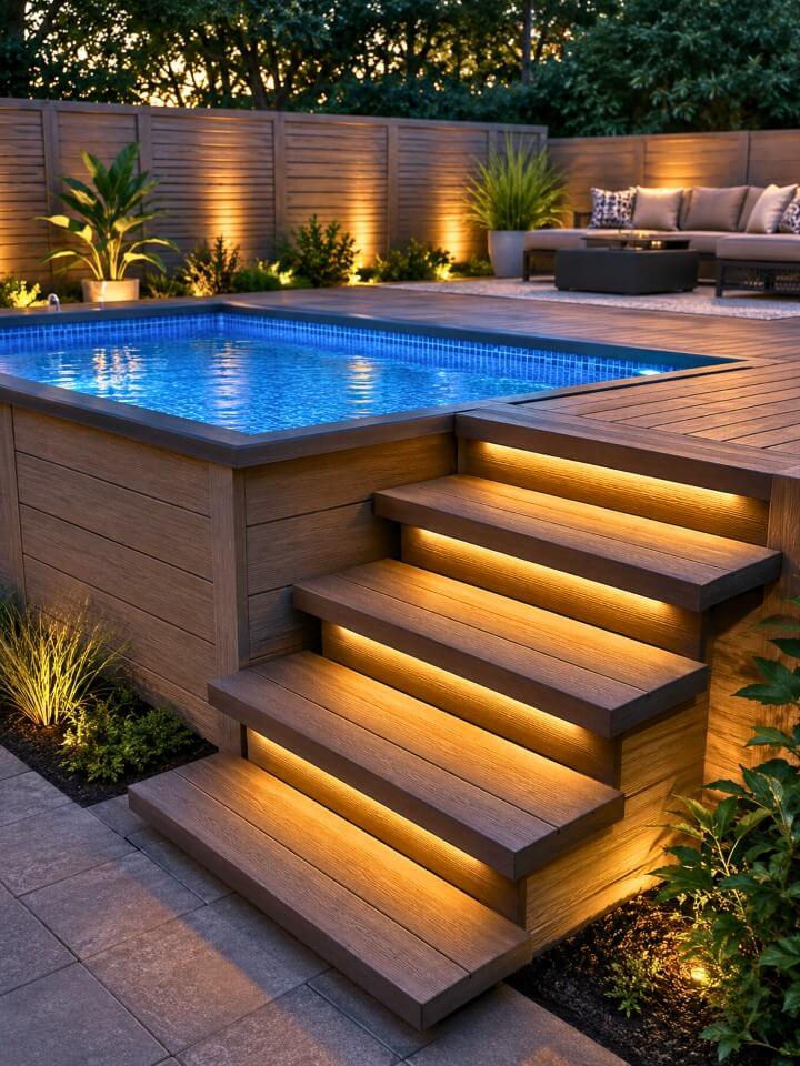 floating deck steps with soft led lighting