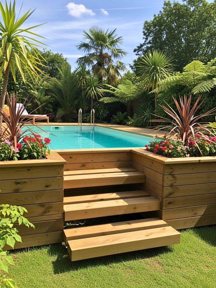 floating platform steps with planters for poolside style