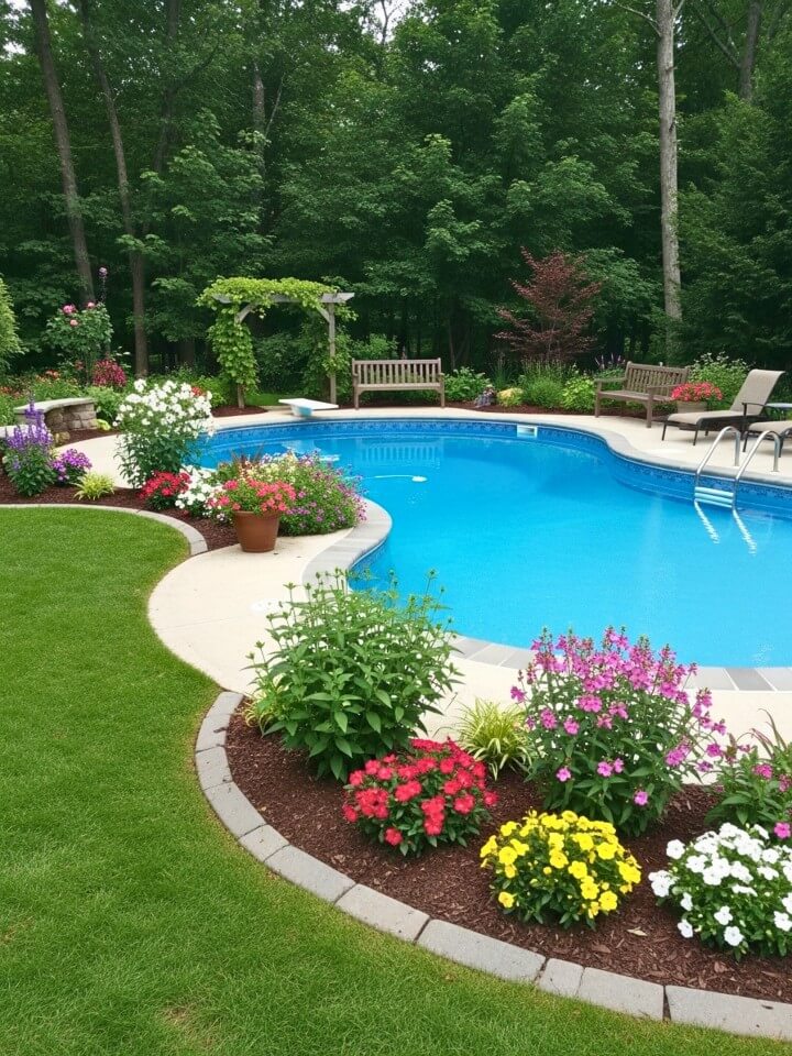 flowering garden beds around the pool