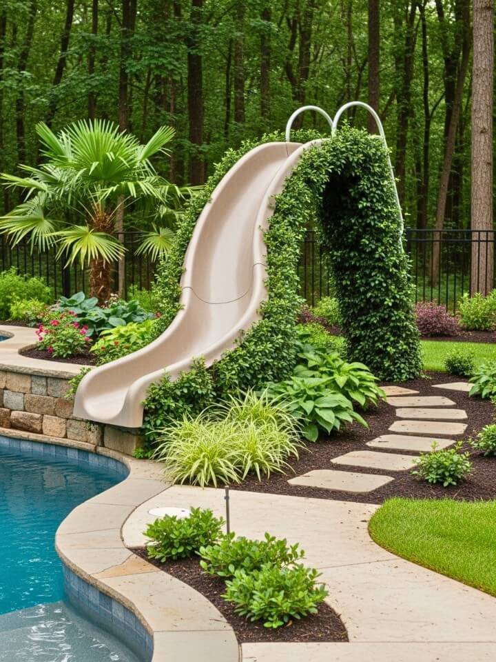 freeform pool slide surrounded by garden plants