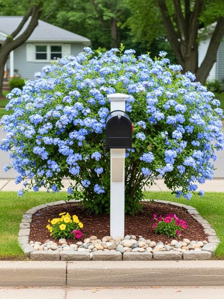 front yard mailbox beds with flowering plumbago