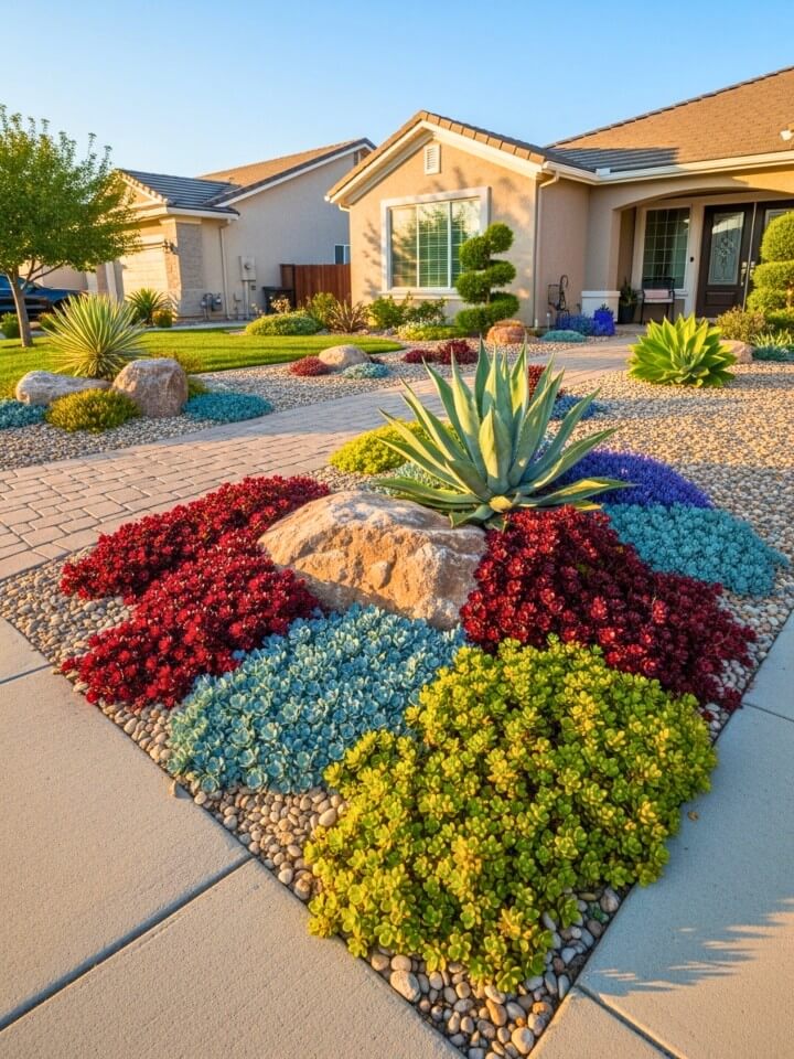 full front yard makeover with stone and low water succulent plants