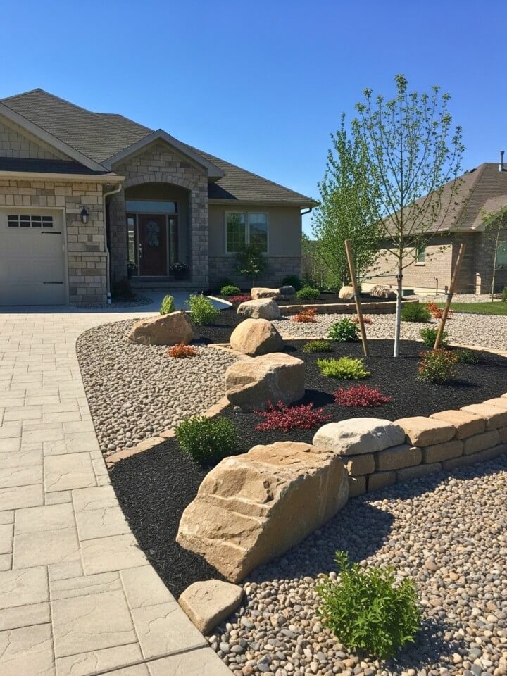 full stone front yard landscaping for a low maintenance makeover