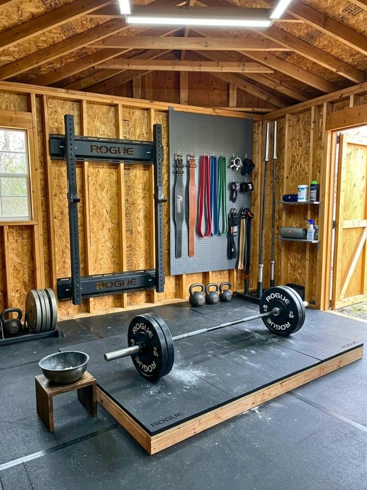 garage strength shed gym for lifting setup