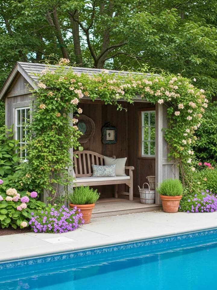 garden cabana with climbing plants