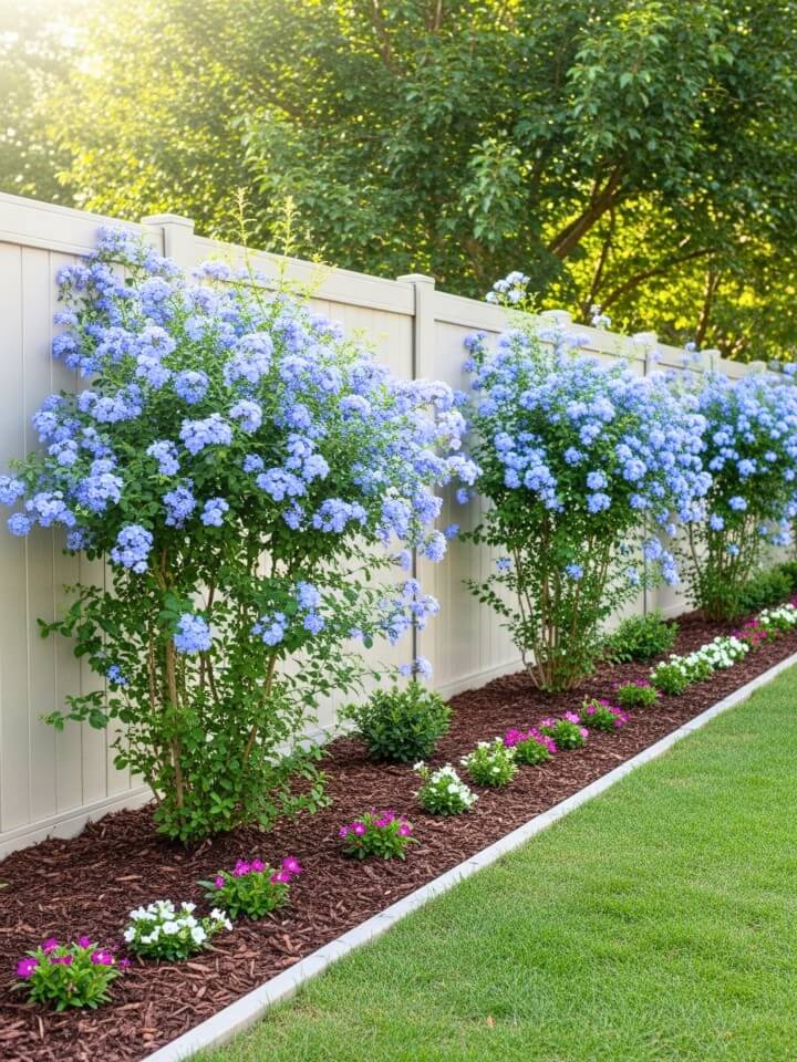 garden fence borders with blue plumbago