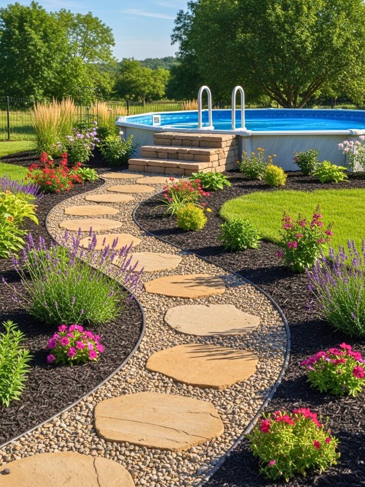 garden path steps leading to above ground pool