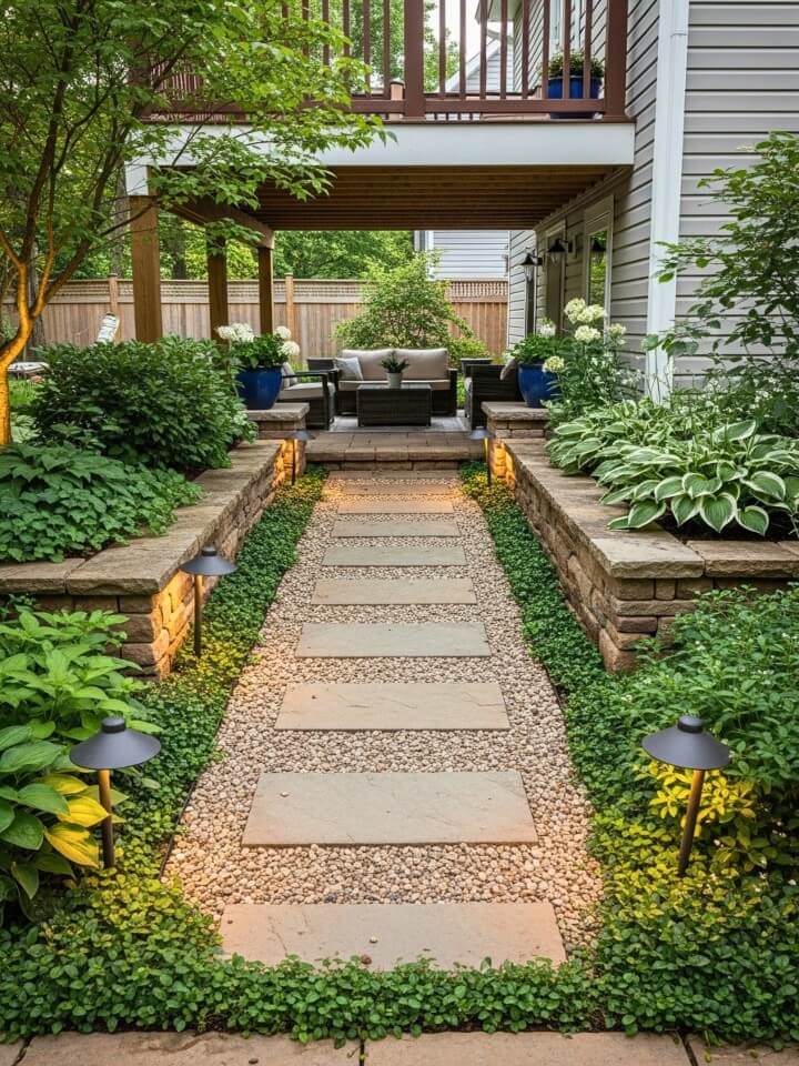 garden pathway to under deck seating area design