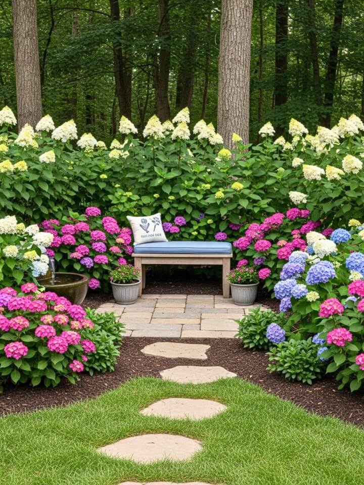 garden retreat surrounded by hydrangeas