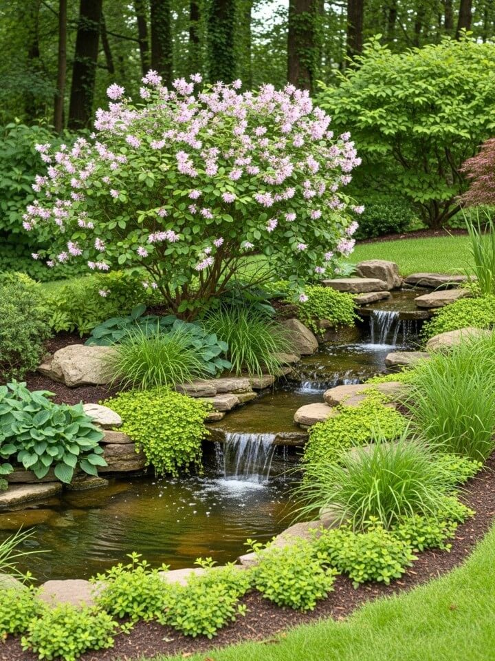 garden shrubs around a backyard water feature