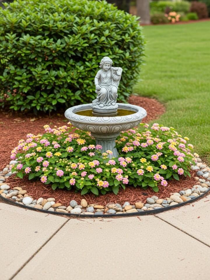 garden statue accents with flowering plants