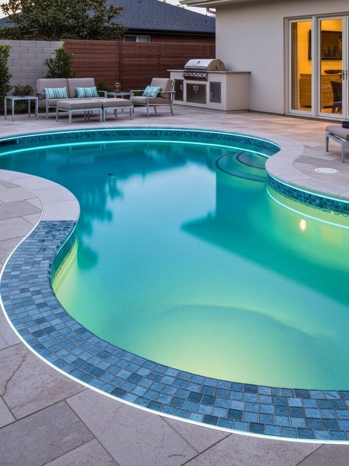 glass tile finish kidney shaped pool with soft lighting