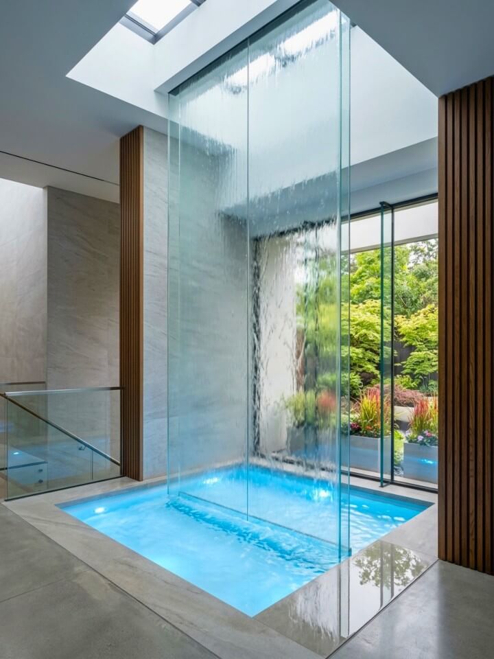 glass wall modern waterfall feature