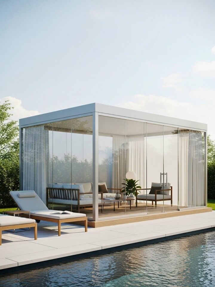 glass walled poolside room