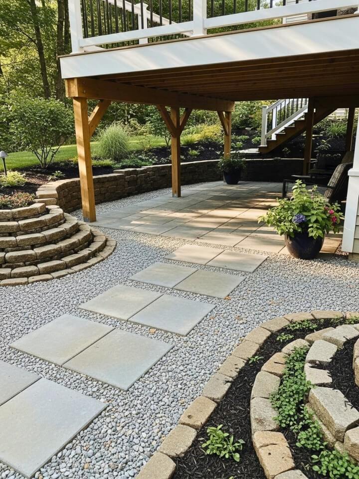 gravel and paver patio under deck with natural landscaping