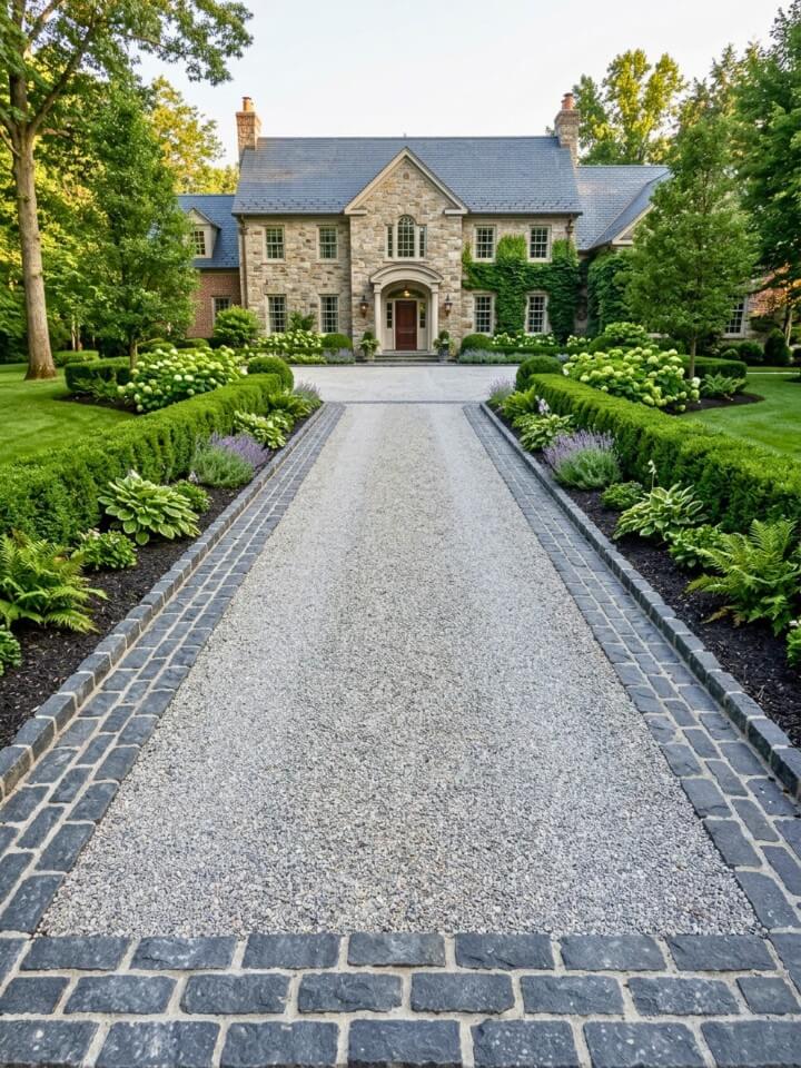 gravel driveway with belgian block edge