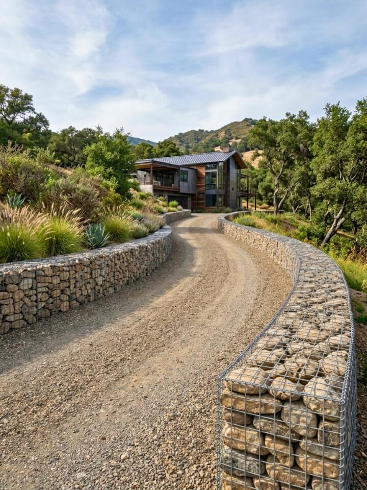 gravel driveway with gabion walls