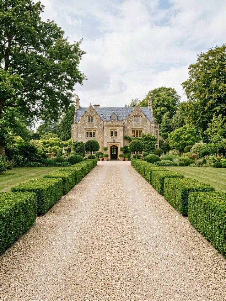 gravel driveway with hedge borders