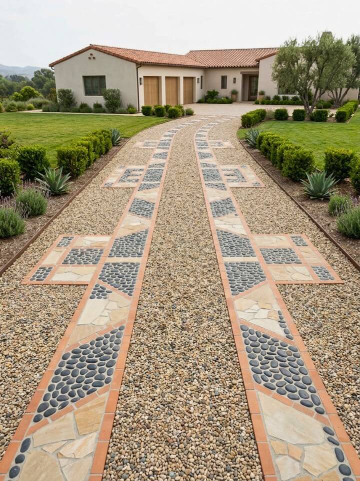 gravel driveway with mosaic inlay