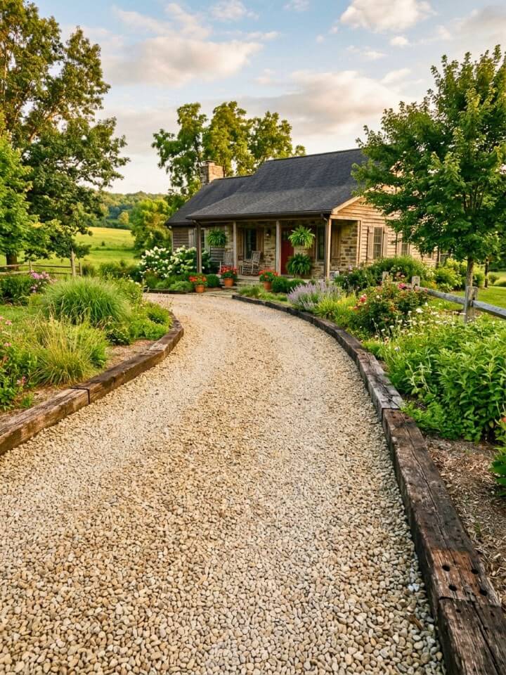 gravel driveway with railroad tie edging