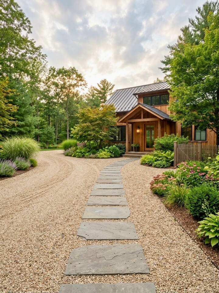 gravel driveway with stepping stones