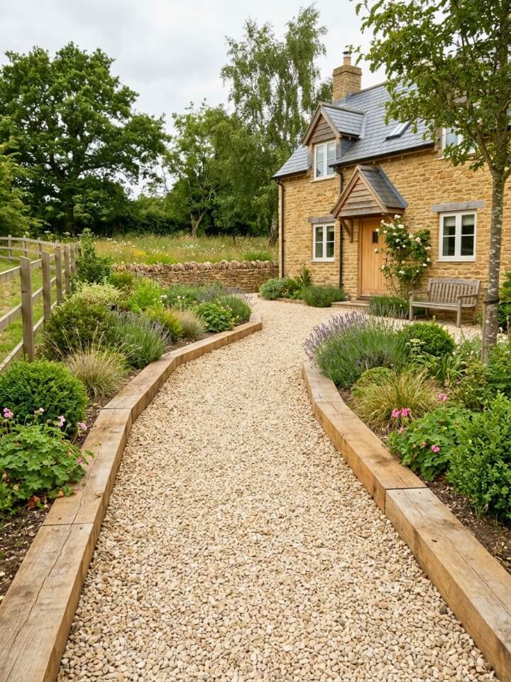 gravel path with wooden plank borders