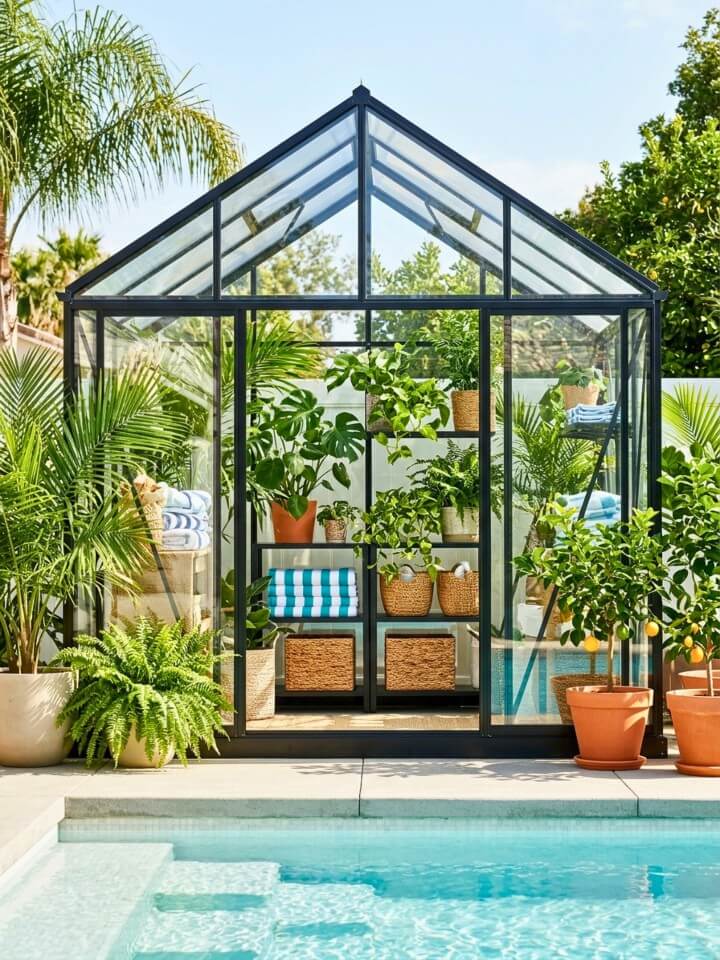 greenhouse style glass pool shed