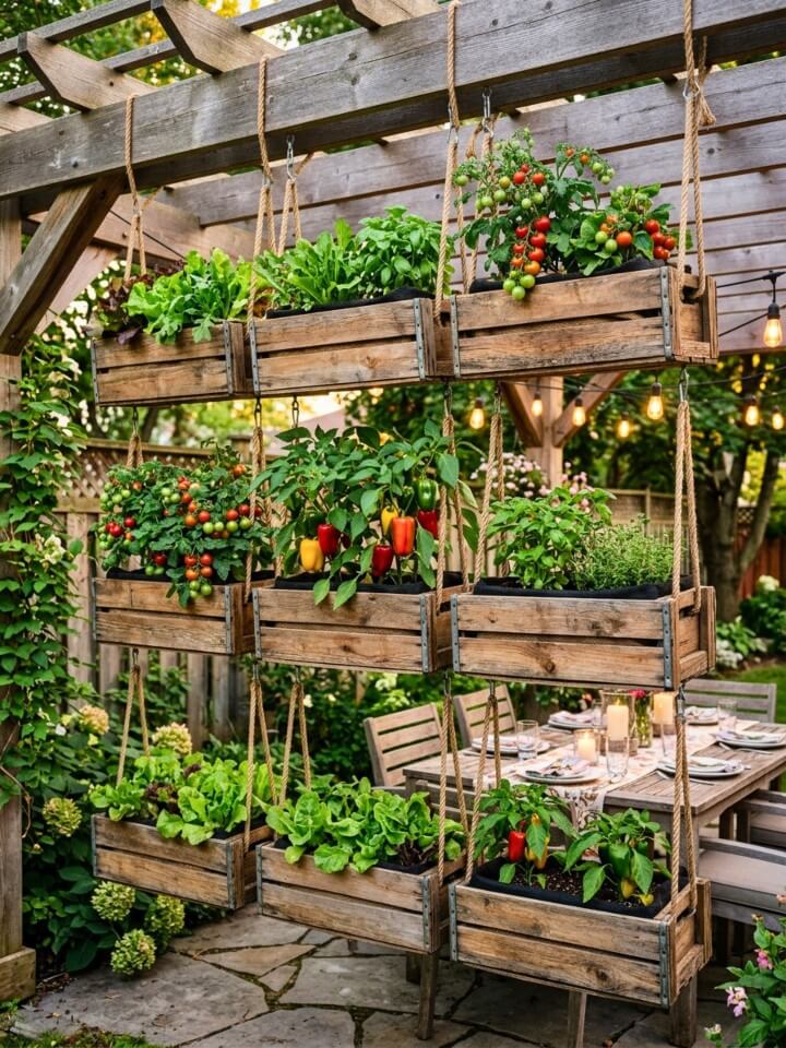 hanging wooden crate planter idea