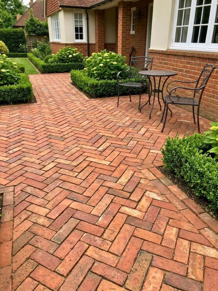 herringbone weathered old brick patio design idea