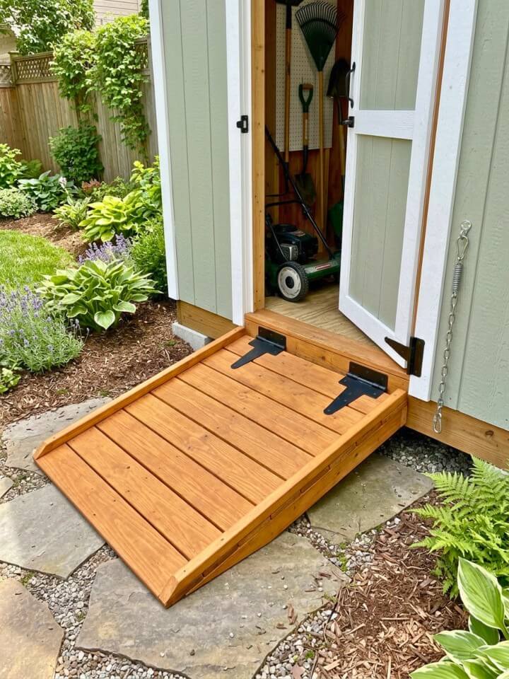 hinged fold down shed ramp